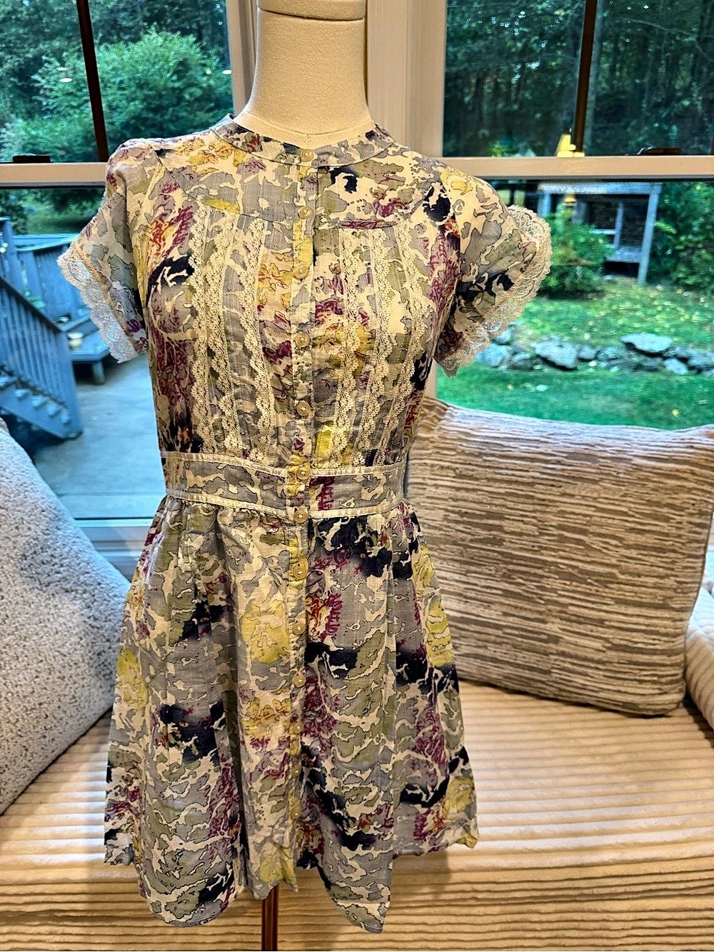 Free People Floral Watercolor Cotton Button-Up Lace Dress Size S